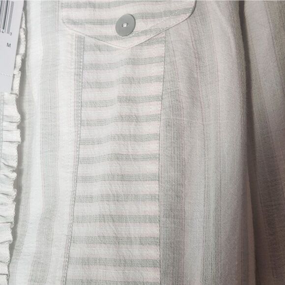 NWT Blast M Striped CreamSagePocketsRuffle LSlv ButtonUp LINEN Blend Women Shirt - Picture 3 of 8
